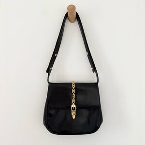 Vintage Celine dark blue Triomphe era leather chain clasp shoulder bag